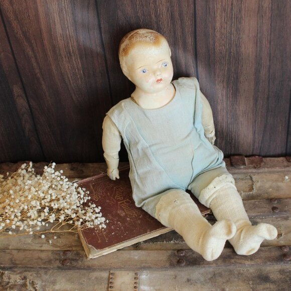 Vintage 1920s 1930s Creepy Doll, Life Size Cloth Body, Composition Head Hands - Picture 1 of 10